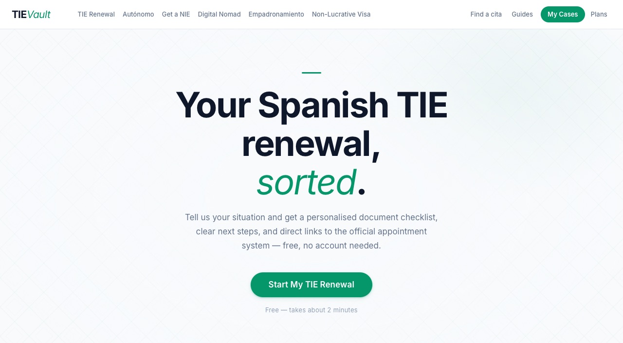 Screenshot of tie.aeatsync.io: the headline 'Your Spanish TIE renewal, sorted.' above a Start My TIE Renewal button.